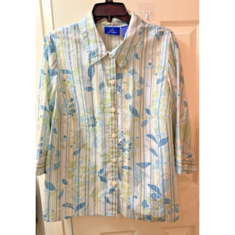 JH Collectibles Women Multicolor Striped Floral Blouse Button Front XL 1X